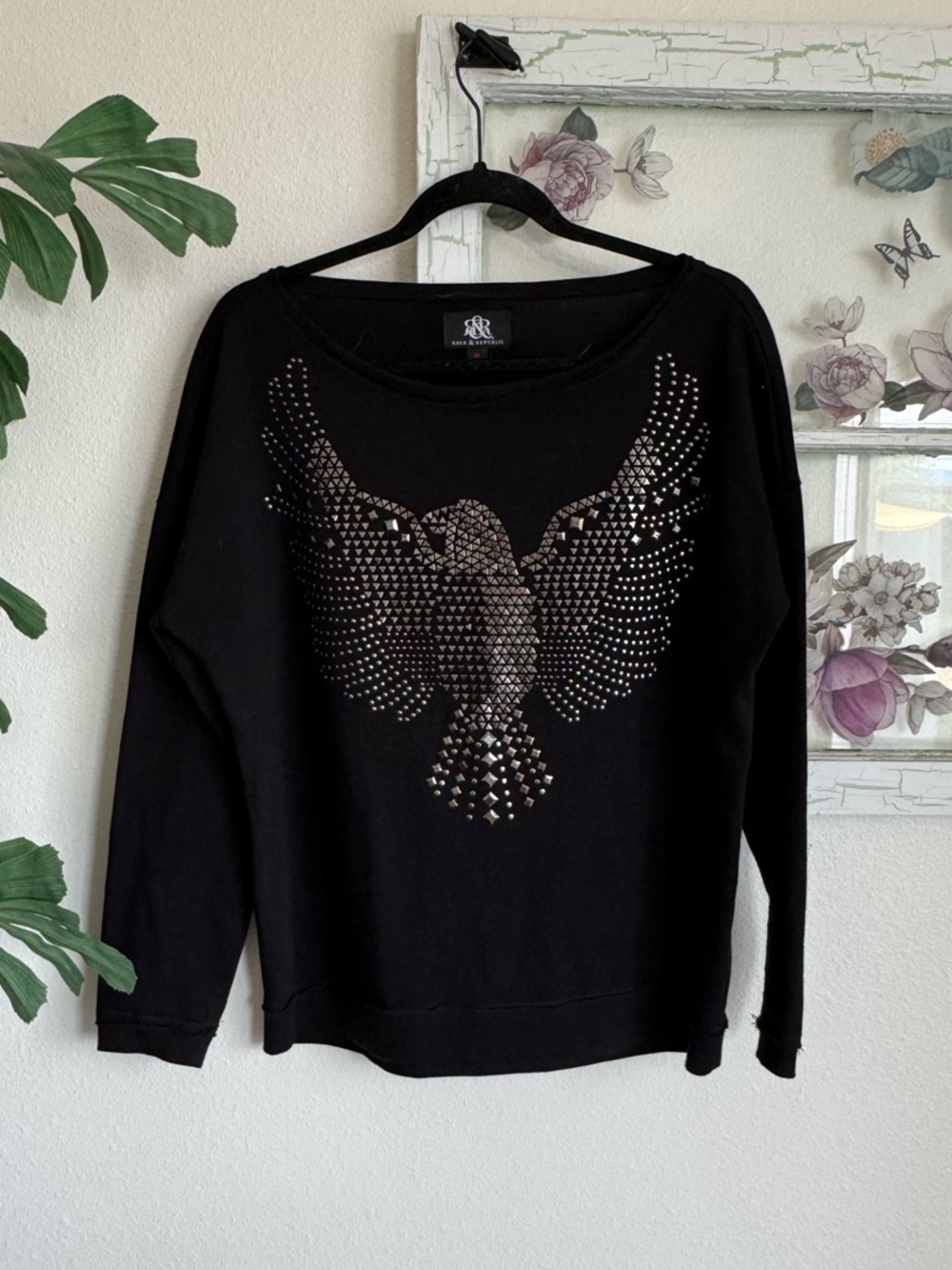 Rock & Republic Black Sweatshirt with Silver Studded Eagle Size M